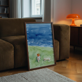 Framed-mockup style poster of Reading by the Sea Art Print with reclining figure, book, and dog near the shoreline