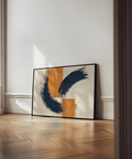 blue orange wall poster with abstract blue strokes, orange blocks for home office
