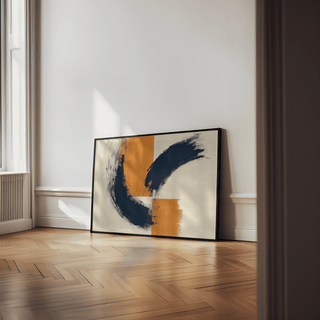 blue orange wall poster with abstract blue strokes, orange blocks for home office
