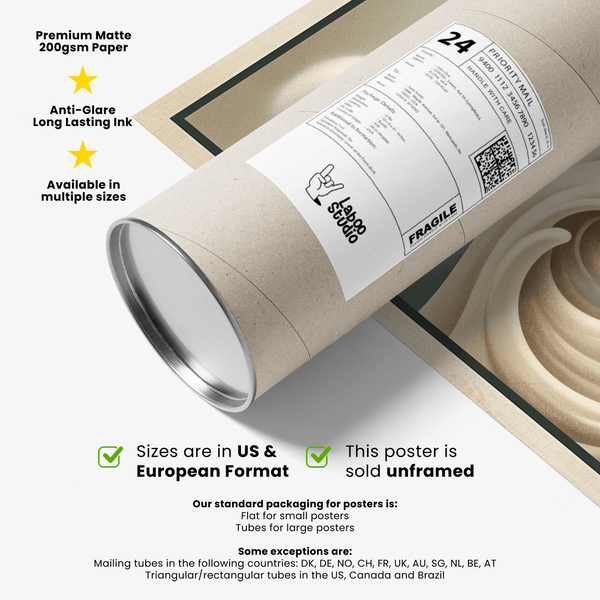Minimal poster print of a putting green centered in flowing wave forms with sunlit landscape
