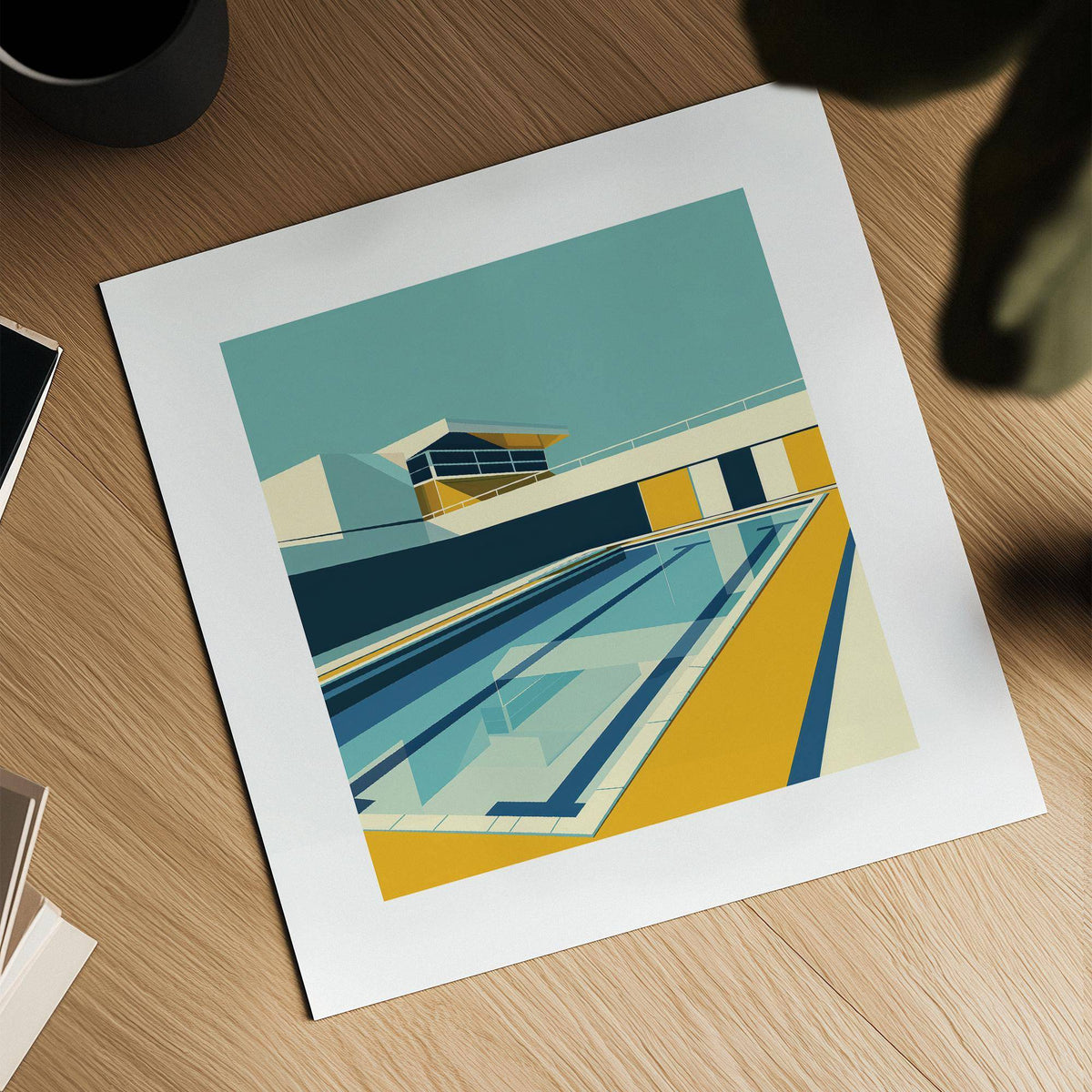 Poolside minimalistic art poster with clean shapes in cool tones for hallway decor