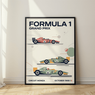 Close-up of top red car and FORMULA 1 headline on vintage racing print
