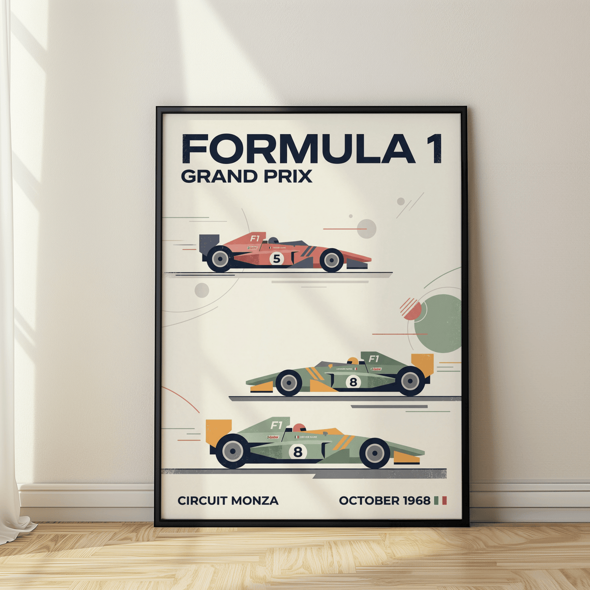 Close-up of top red car and FORMULA 1 headline on vintage racing print