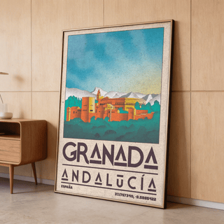 Vintage-style Spanish City Poster print showing Granada skyline with towers and arched buildings