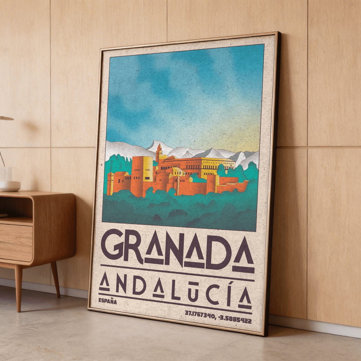 Vintage-style Spanish City Poster print showing Granada skyline with towers and arched buildings