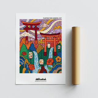 Patterned Japanese Garden Art Print with twin torii gates and cascading waterfalls