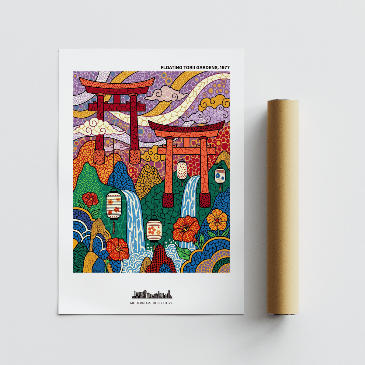 Patterned Japanese Garden Art Print with twin torii gates and cascading waterfalls