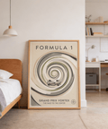 Top section of Formula 1 poster featuring large headline text and swirl graphic
