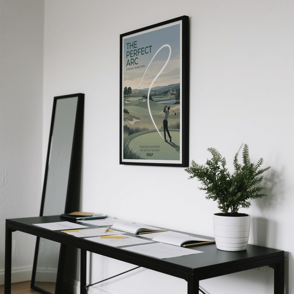 Landscape wall art print featuring a golfer follow-through, layered hills, and a clubhouse near water