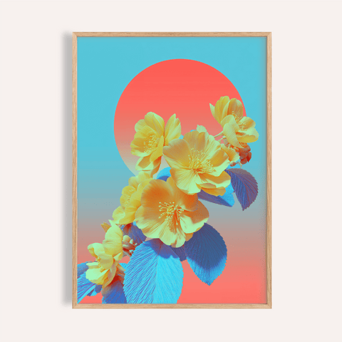 Vibrant Floral Wall Art with yellow, pink, blue, and red for living room poster
