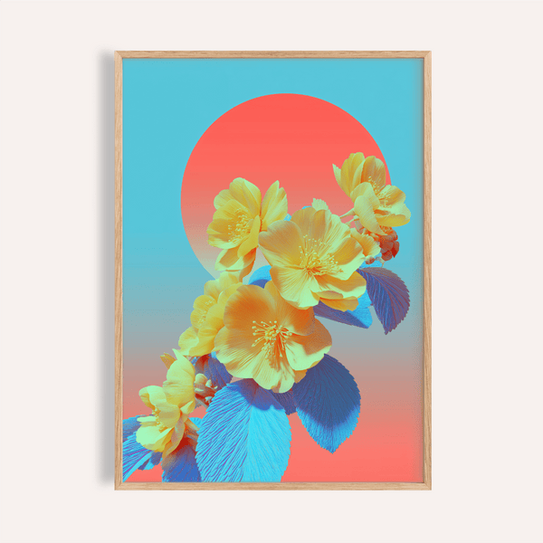 Vibrant Floral Wall Art with yellow, pink, blue, and red for living room poster