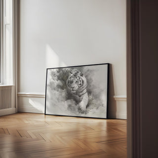 Ink wash background with detailed tiger portrait, landscape tiger print style.