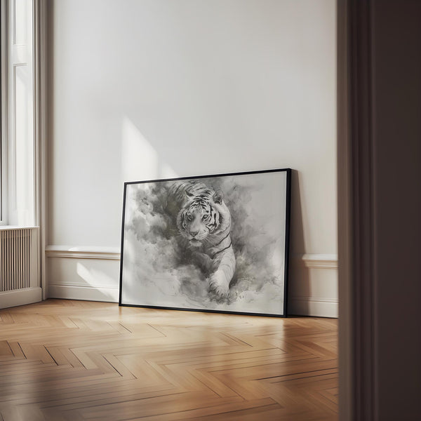 Ink wash background with detailed tiger portrait, landscape tiger print style.