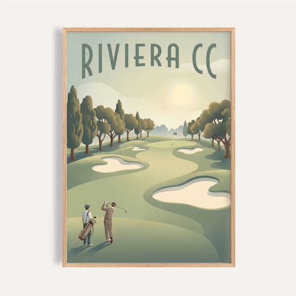 Golf Landscape Poster of Riviera fairway with sand bunkers and distant green flag