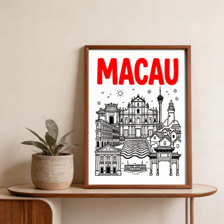 Macau Travel Art wall piece with line-drawn Macau Tower and sun symbol