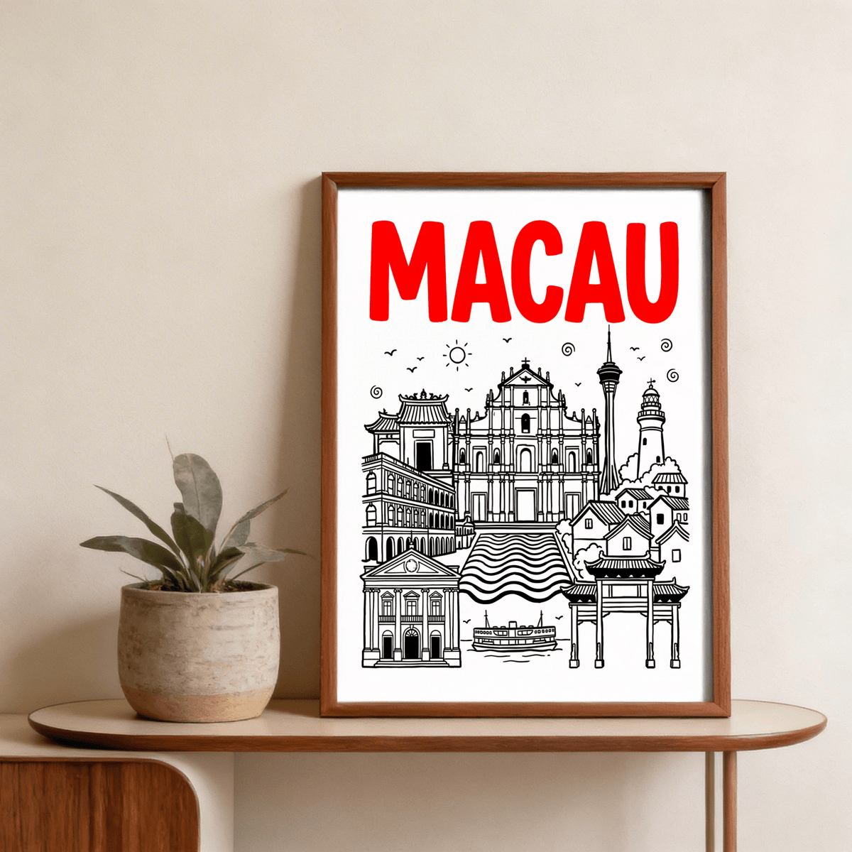 Macau Travel Art wall piece with line-drawn Macau Tower and sun symbol
