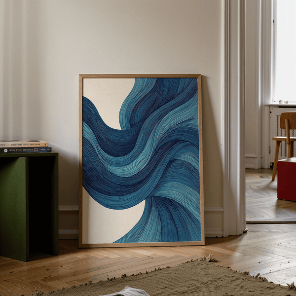Abstract Wave Art for hallway featuring Blue lines and Beige background