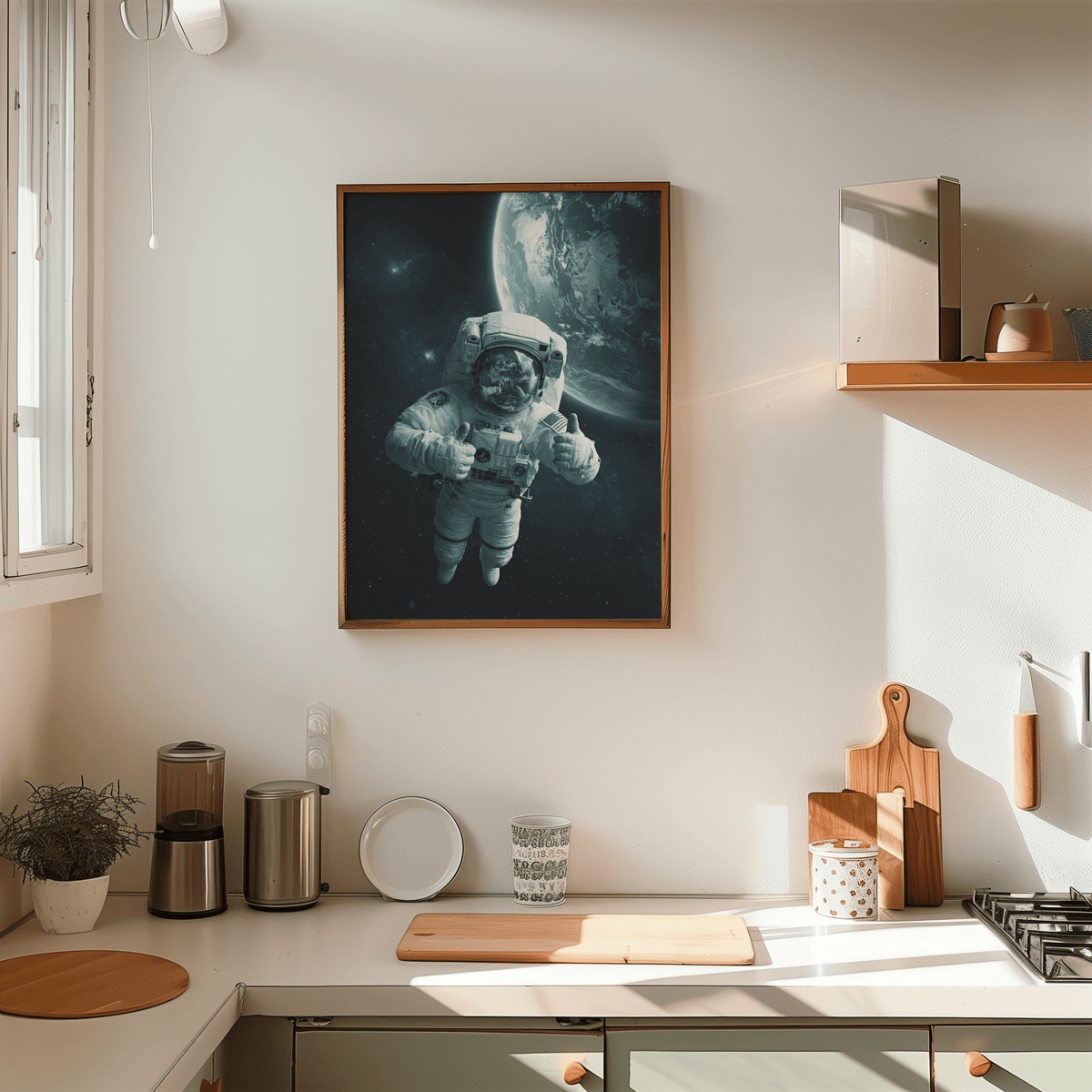 Contemporary Astronaut Wall Art print, Blue Black White, for hallway decor