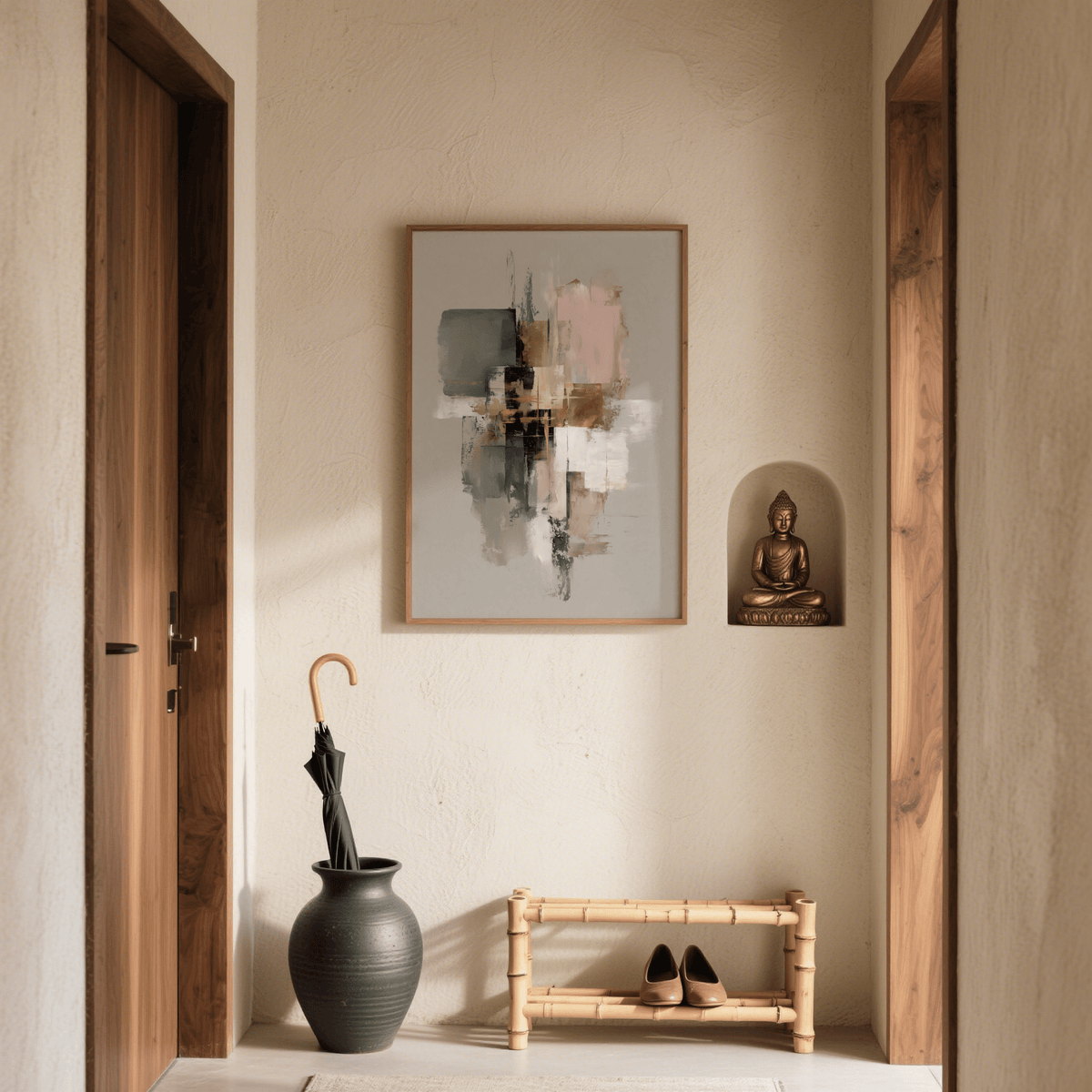 Pink and Green Wall Art with interplay of gold and beige, perfect for dining area