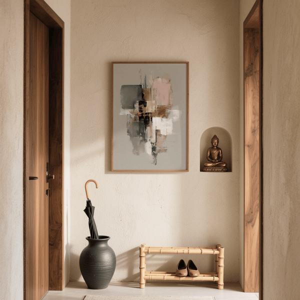 Pink and Green Wall Art with interplay of gold and beige, perfect for dining area