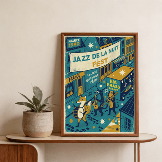 Detail of illustrated fox drummer character on the festival poster print