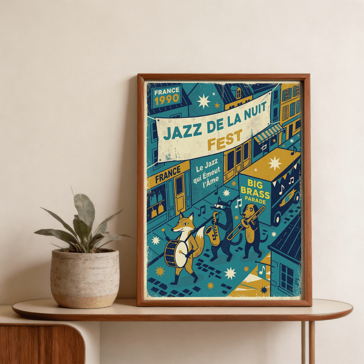 Detail of illustrated fox drummer character on the festival poster print