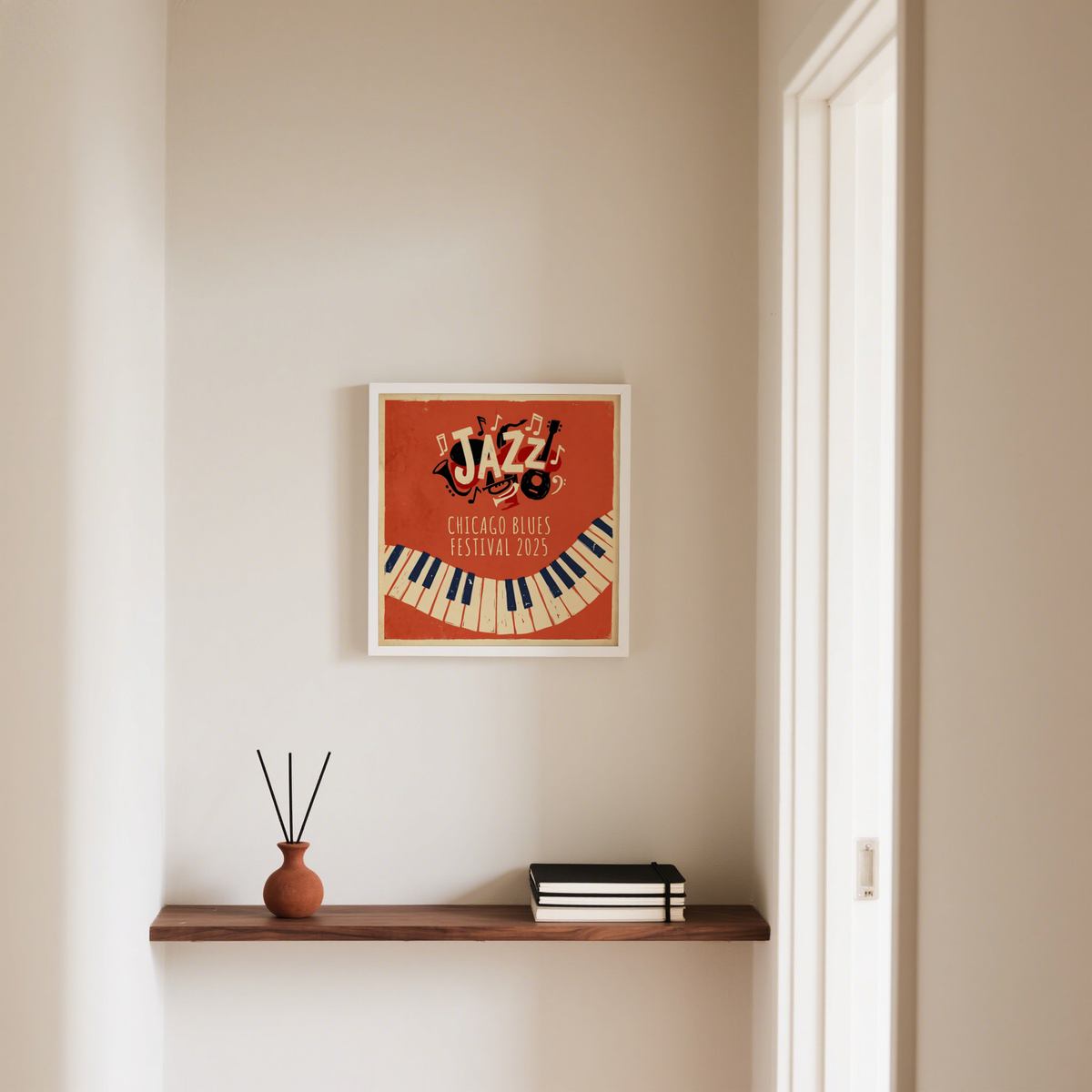 Curved piano keyboard and large JAZZ wordmark music wall art poster