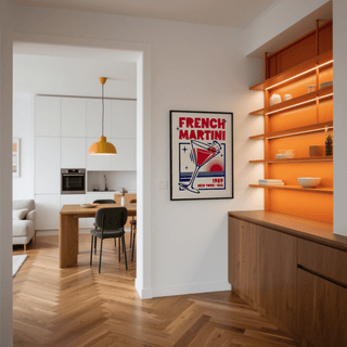 French Martini Art Print in Blue and Red for stylish office wall art