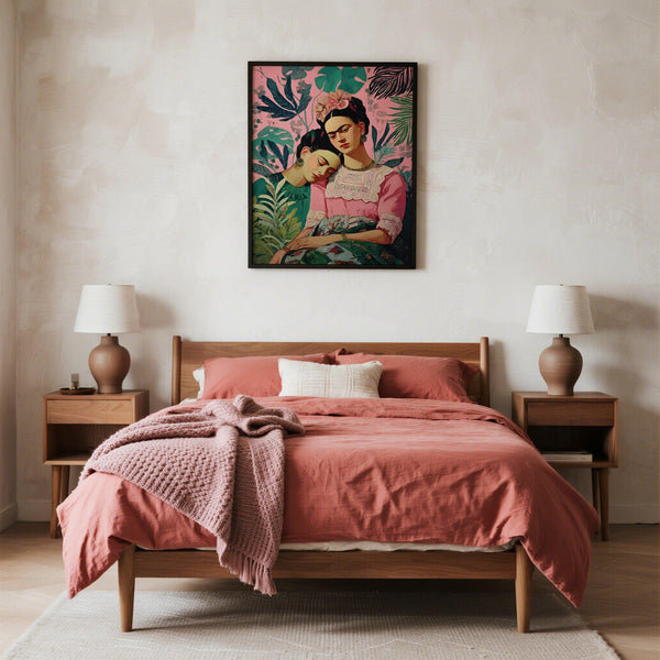 Colorful Wall Art Frida Kahlo artwork with floral headpiece and embroidered blouse.