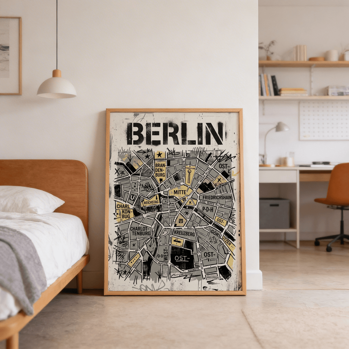 Street-influenced Berlin city map print with handwritten marks and labels