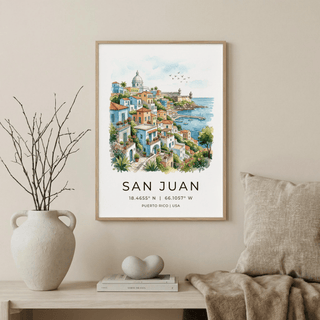 Travel poster print showing stacked homes, balconies, and sea view