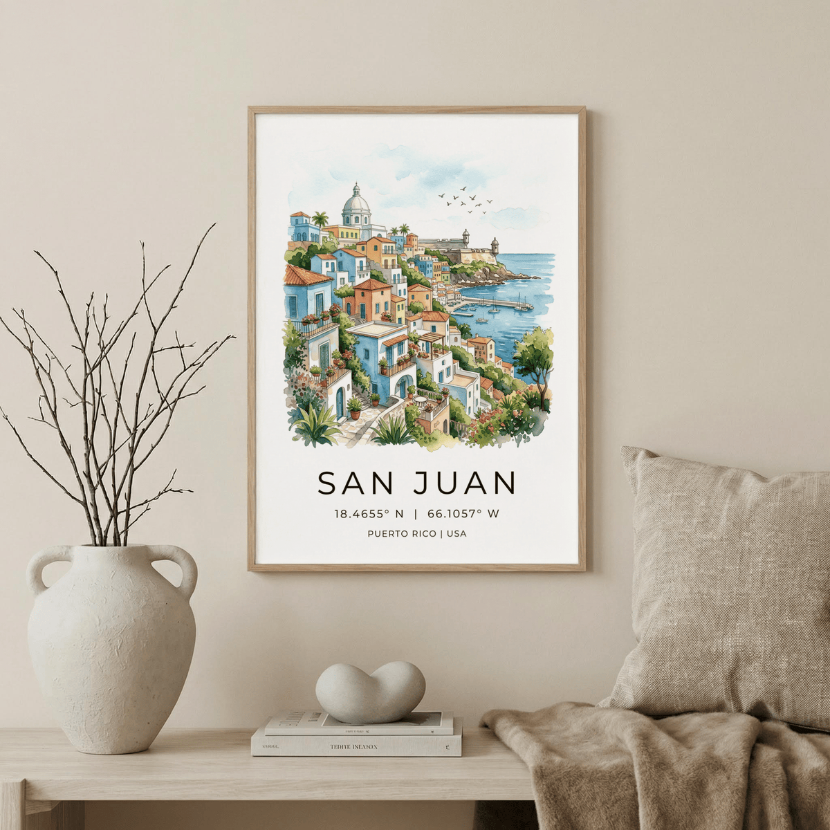 Travel poster print showing stacked homes, balconies, and sea view
