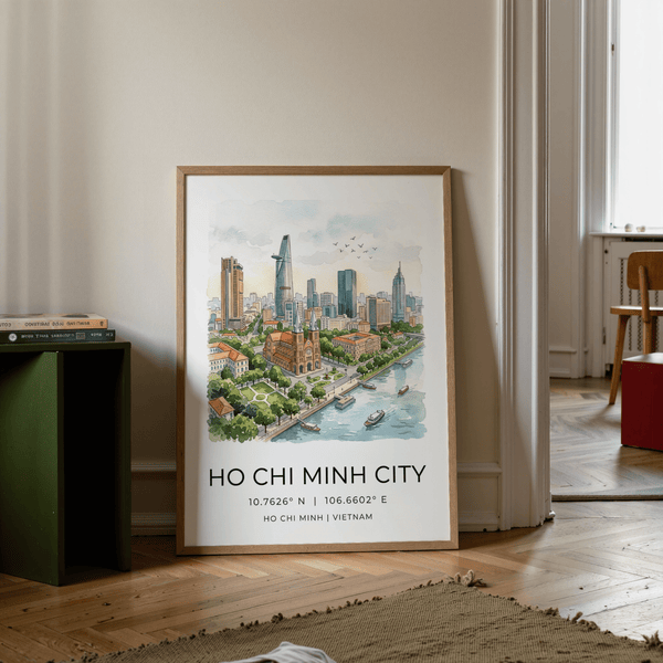 Minimal typography poster print reading Ho Chi Minh City with latitude and longitude