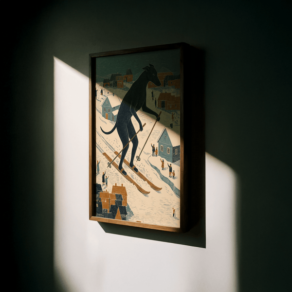 Fun Skiing Dog Art Print with Black and Blue colors for children’s room poster