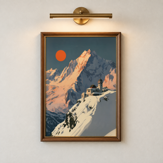 Showing an alpine chapel on a snowy ridge, Art Deco Mountain Poster print
