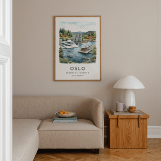 Detailed travel wall art print featuring a Norwegian harbor scene with city buildings and wooded slopes