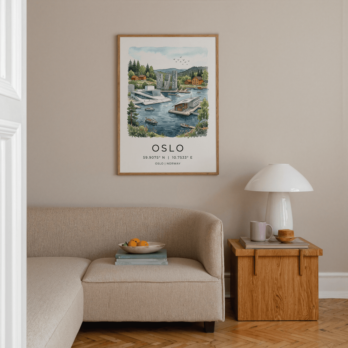 Detailed travel wall art print featuring a Norwegian harbor scene with city buildings and wooded slopes