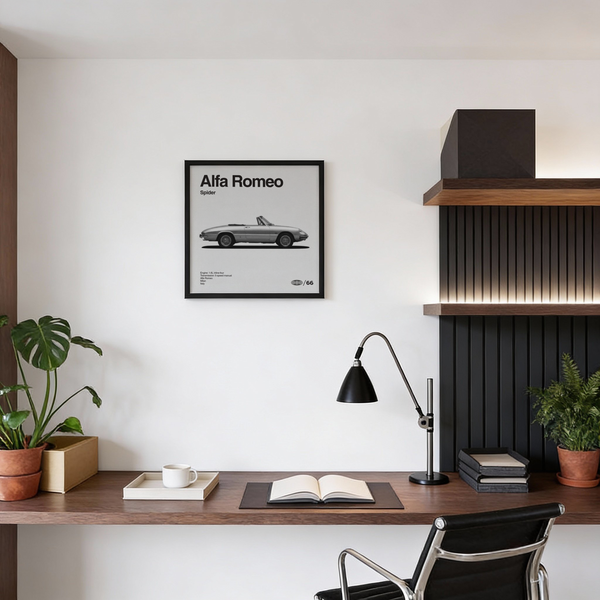 Modern Alfa Romeo Art Print with gray and white tones for hallway