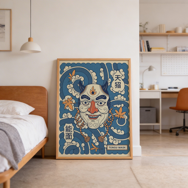 Text panels and tengu face poster print with bold linework wall art