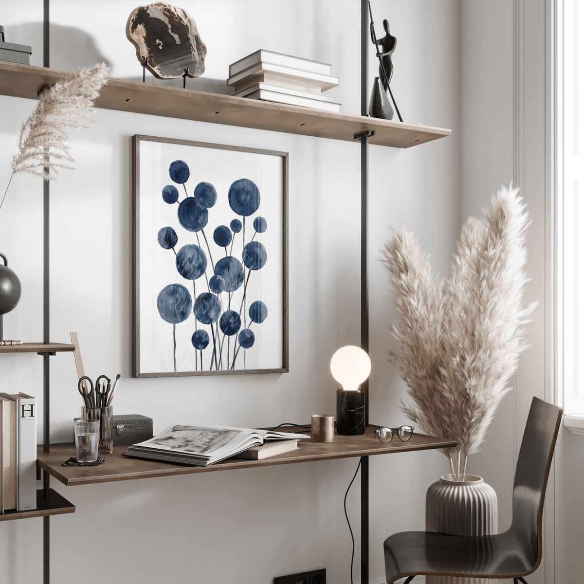 Watercolor Flower Print with abstract blue flowers for dining room