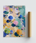 Beach Umbrellas Print poster featuring Blue, Beige, and Pink for entryway
