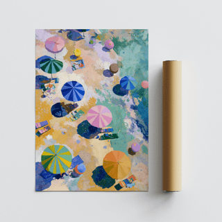 Beach Umbrellas Print poster featuring Blue, Beige, and Pink for entryway