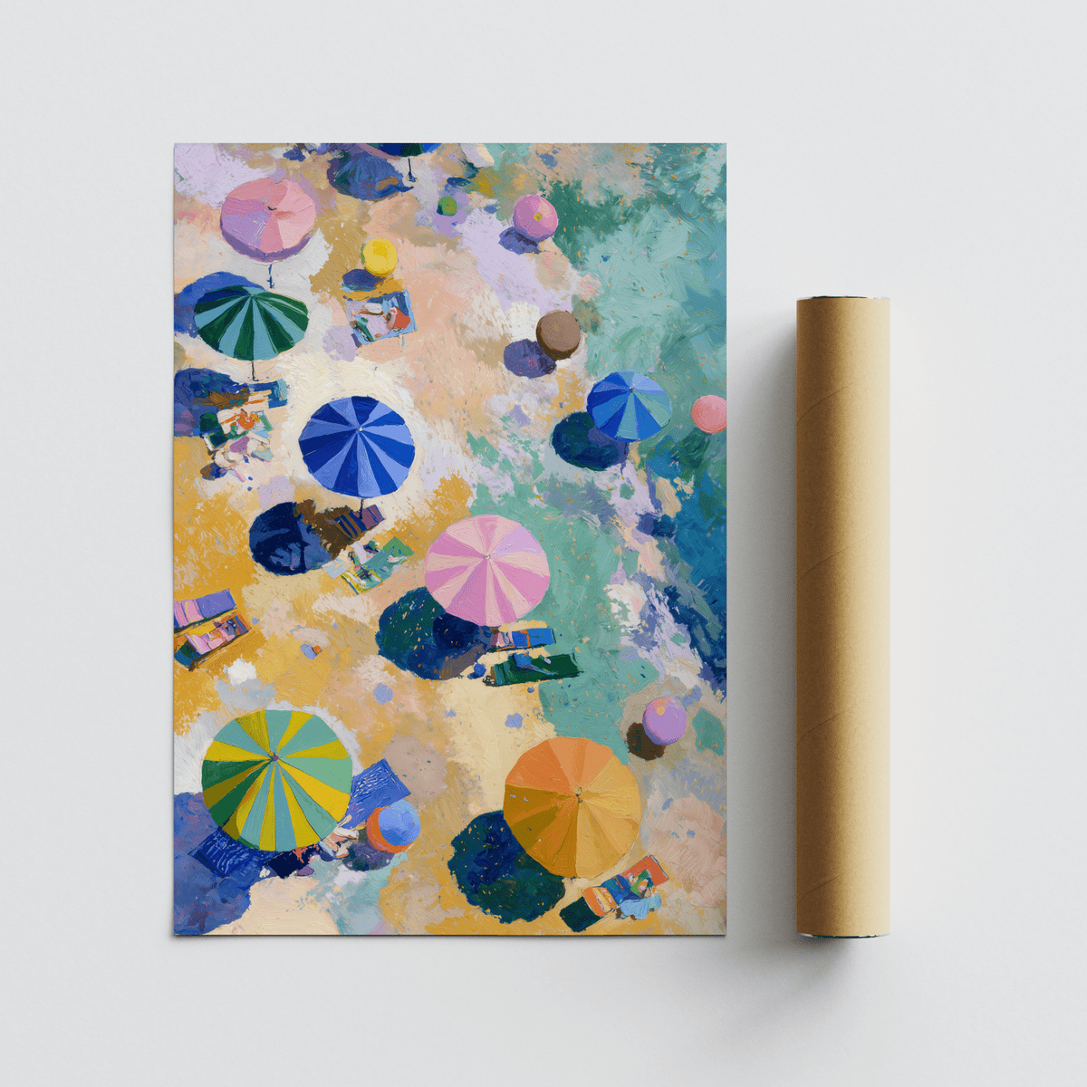 Beach Umbrellas Print poster featuring Blue, Beige, and Pink for entryway