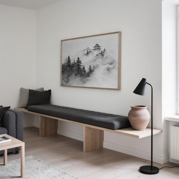 Monochrome landscape with ink-style pines and distant temple, minimalist mountain art.