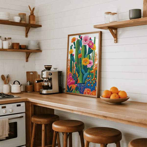 Vibrant Cactus Floral Wall Art pink and yellow dining room wall art