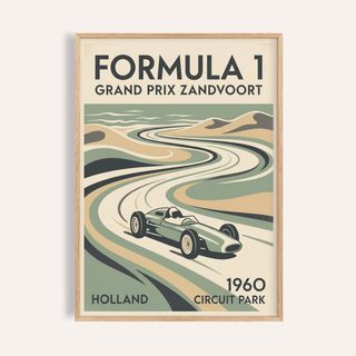 Grand Prix Zandvoort Print showing stylized Formula 1 track curve and vintage car
