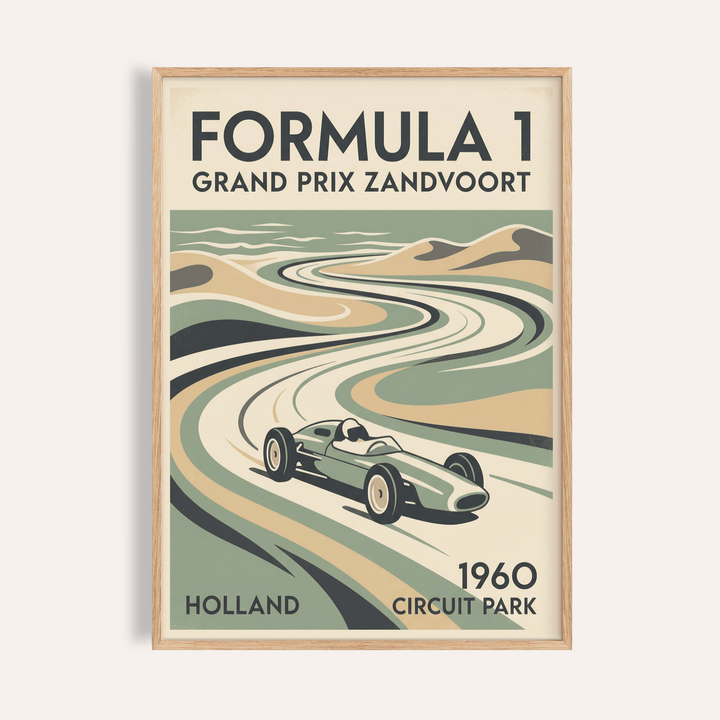 Grand Prix Zandvoort Print showing stylized Formula 1 track curve and vintage car
