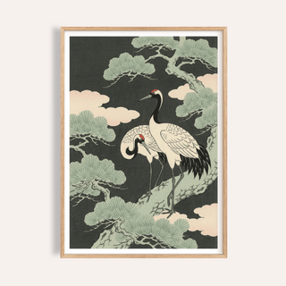 Japanese Crane Art Print with green and black tones for living room wall art