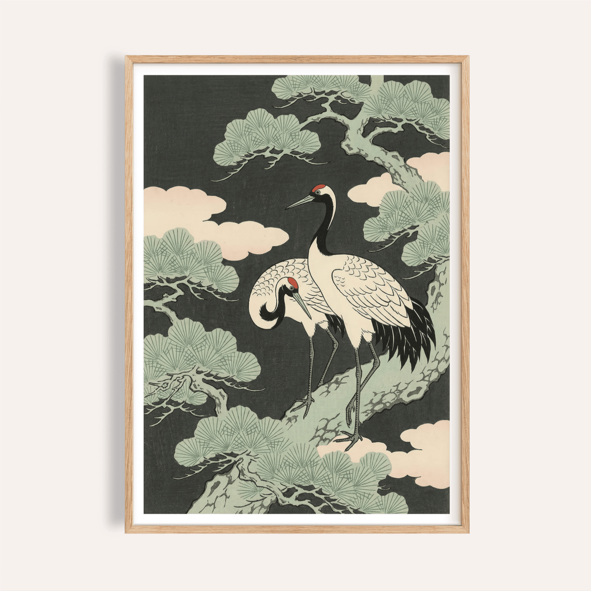 Japanese Crane Art Print with green and black tones for living room wall art