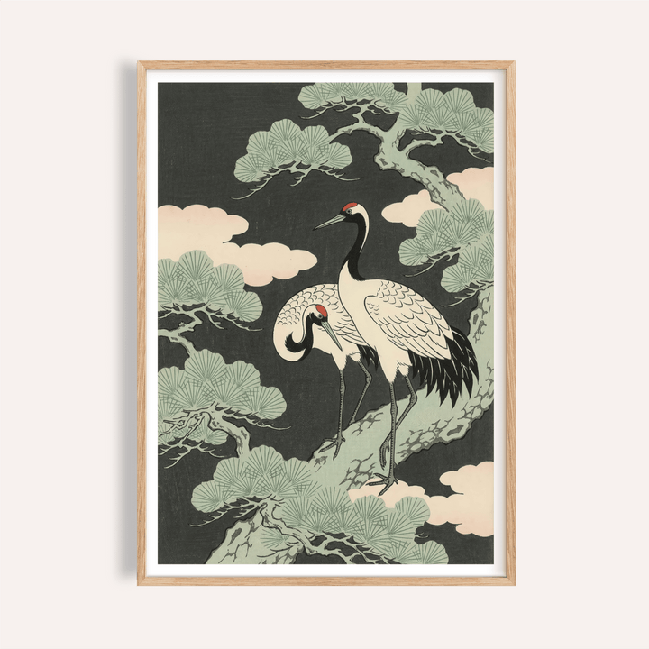 Japanese Crane Art Print with green and black tones for living room wall art
